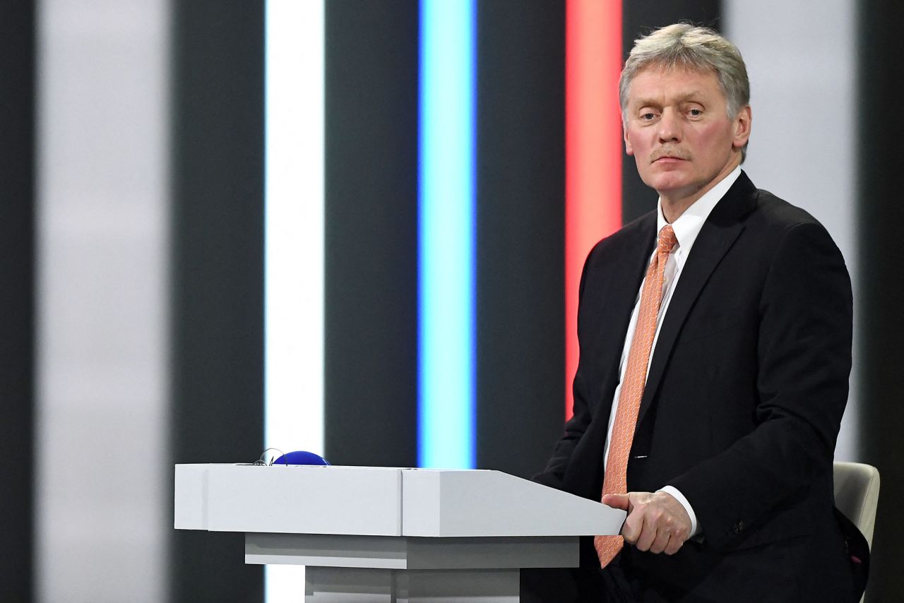 Kremlin spokesman Dmitry Peskov speaks at a press conference in Moscow in 2021. 