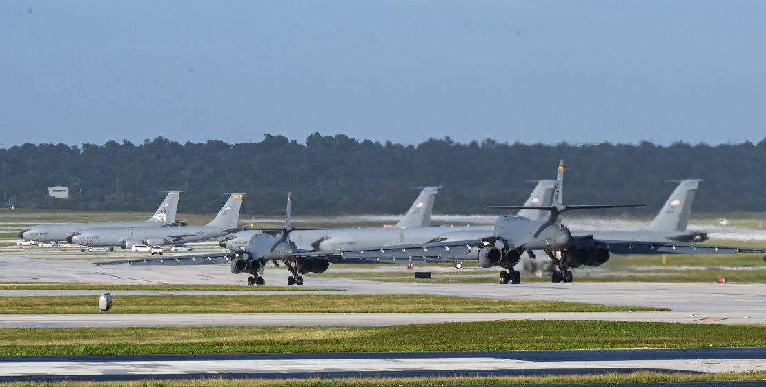 A pair of B-1B Lancers taxi on the flightline during a training mission at Andersen Air Force Base, Guam, on March 4.