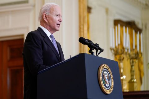 President Joe Biden speaks in the East Room of the White House on May 17 in Washington, DC.