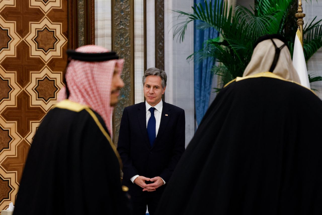 US Secretary of State Antony Blinken meets with the Emir of Qatar in Lusail, Qatar, on Sunday.