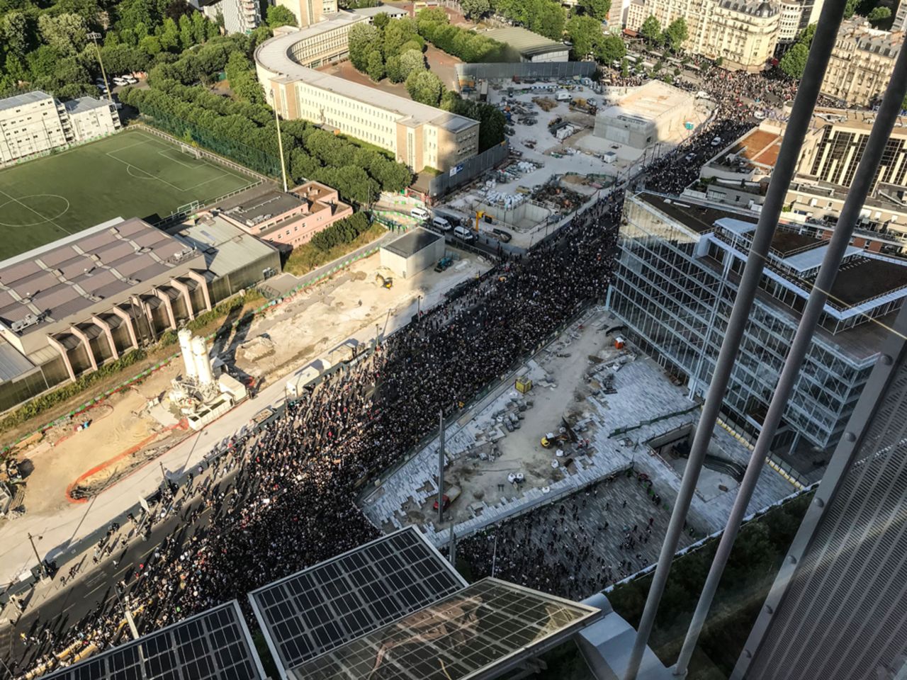 Protesters gather for a demonstration after French medical experts exonerated the French police officers involved in the arrest of Adama Traoré, a young black man who died in police custody in 2016, on Paris on June 2. 