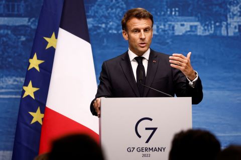 French President Emmanuel Macron speaks during a news conference, following the G7 summit at Schloss Elmau castle, Germany, on June 28.