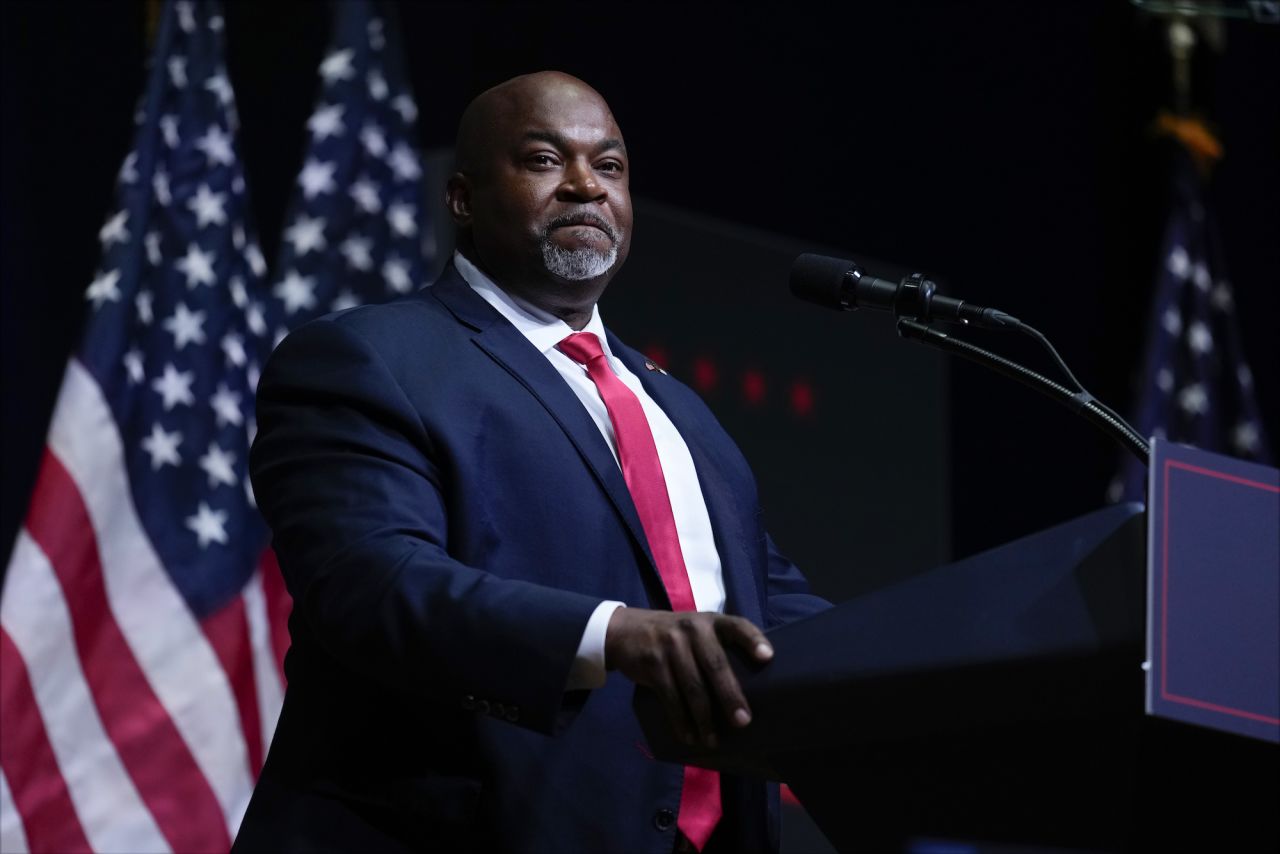 North Carolina Lt. Gov. Mark Robinson speaks before Donald Trump at a campaign rally in Asheville, North Carolina, on August 14.