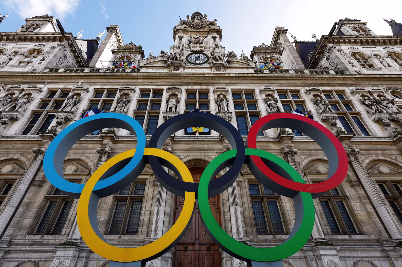 The Olympic rings are seen in front of the Hotel de Ville City Hall in Paris on March 14. 