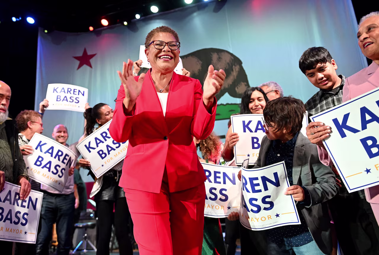 Karen Bass smiles with her supporters during an election night party at the Palladium in Hollywood, California, on November 8. 