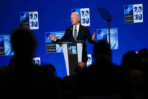 US President Joe Biden speaks during a press conference at the NATO headquarters in Brussels, on June 14.