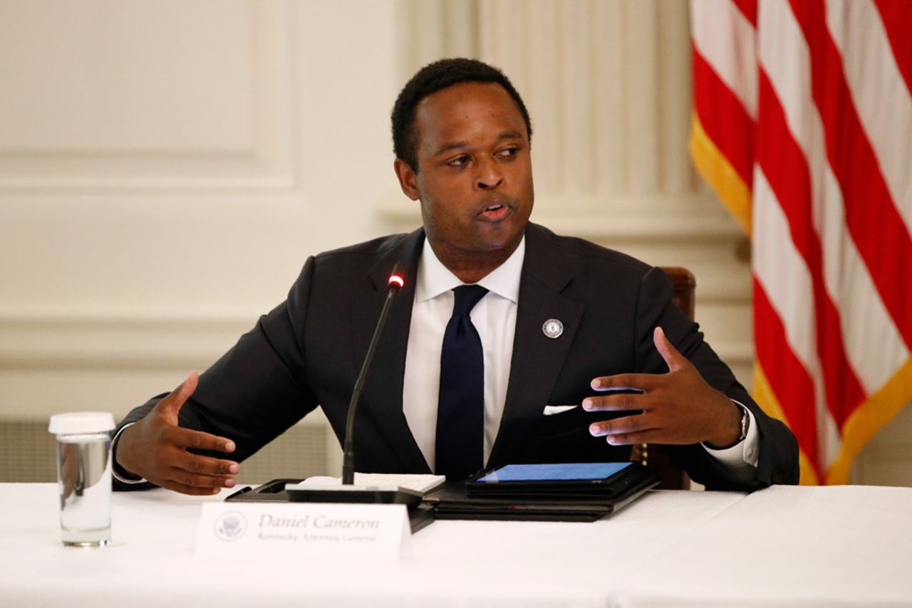 Kentucky Attorney General Daniel Cameron speaks during a roundtable discussion with US President Donald Trump and law enforcement officials on Monday, June 8, at the White House in Washington.