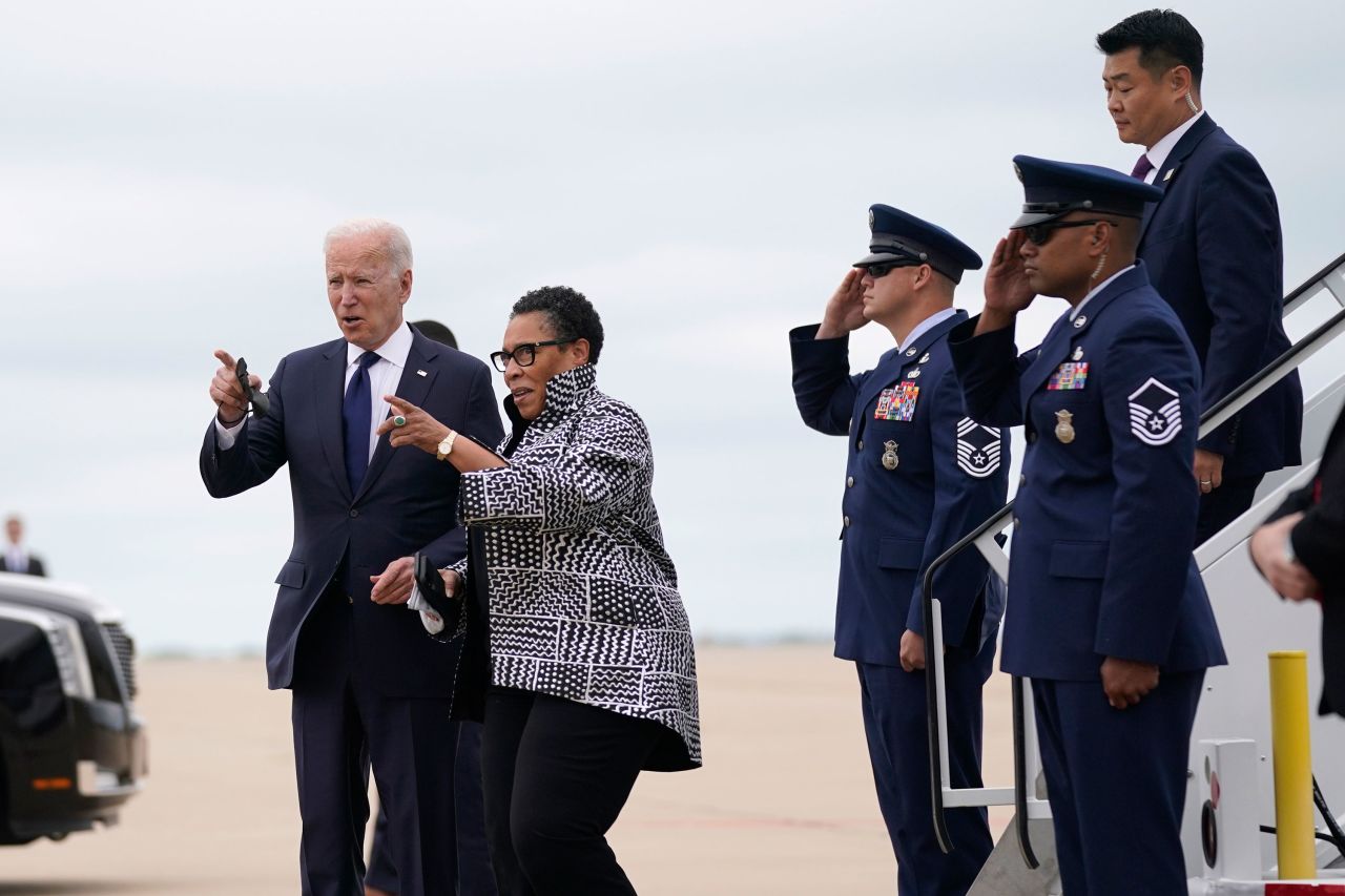 President Joe Biden walks with Housing and Urban Development Secretary Marcia Fudge as he arrives in Tulsa, Oklahoma, on June 1.