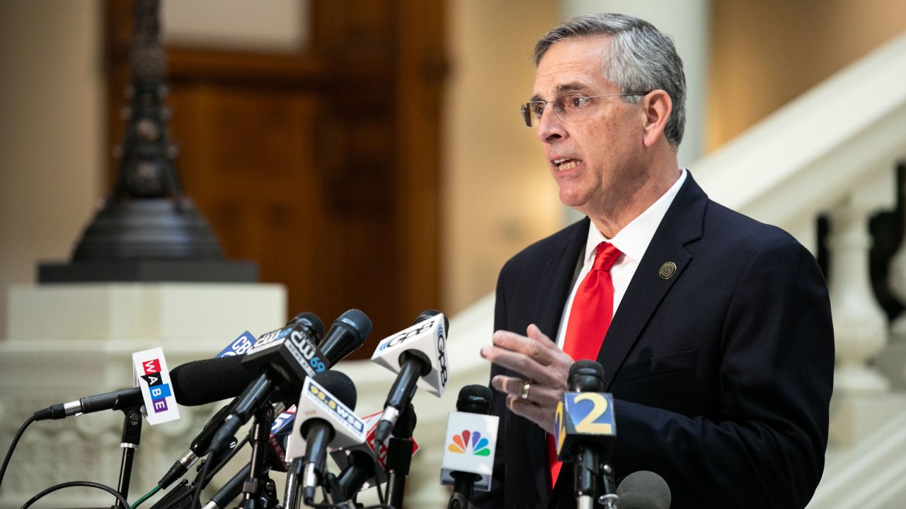 Georgia Secretary of State Brad Raffensperger holds a press conference on the status of ballot counting on November 6, 2020 in Atlanta, Georgia.