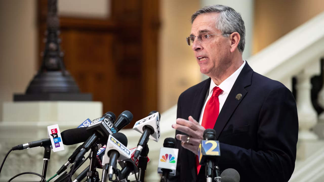 Georgia Secretary of State Brad Raffensperger holds a press conference on the status of ballot counting on November 6, 2020 in Atlanta, Georgia.