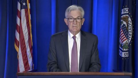 Jerome Powell speaking during a video conference at the Federal Reserve today.