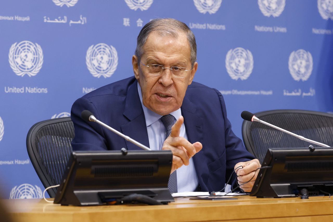 Russian Foreign Minister Sergey Lavrov holds a news conference on the sidelines of the 77th session of the United Nations General Assembly on September 24.