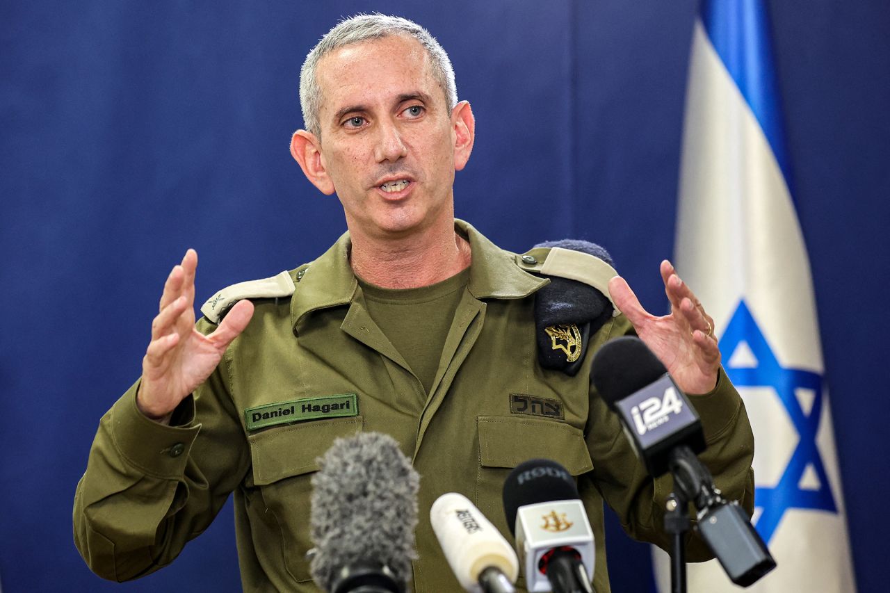 Israeli army spokesman Rear Admiral Daniel Hagari speaks to the press from The Kirya, which houses the Israeli Ministry of Defence, in Tel Aviv on October 18, 2023. 