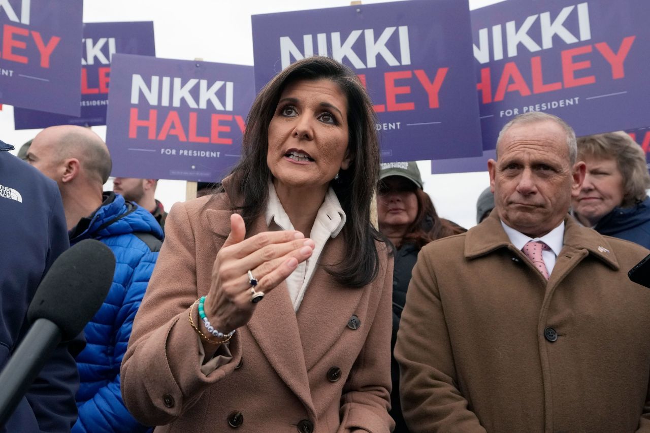 Nikki Haley speaks to reporters near a polling site in Hampton, New Hampshire, on Tuesday.