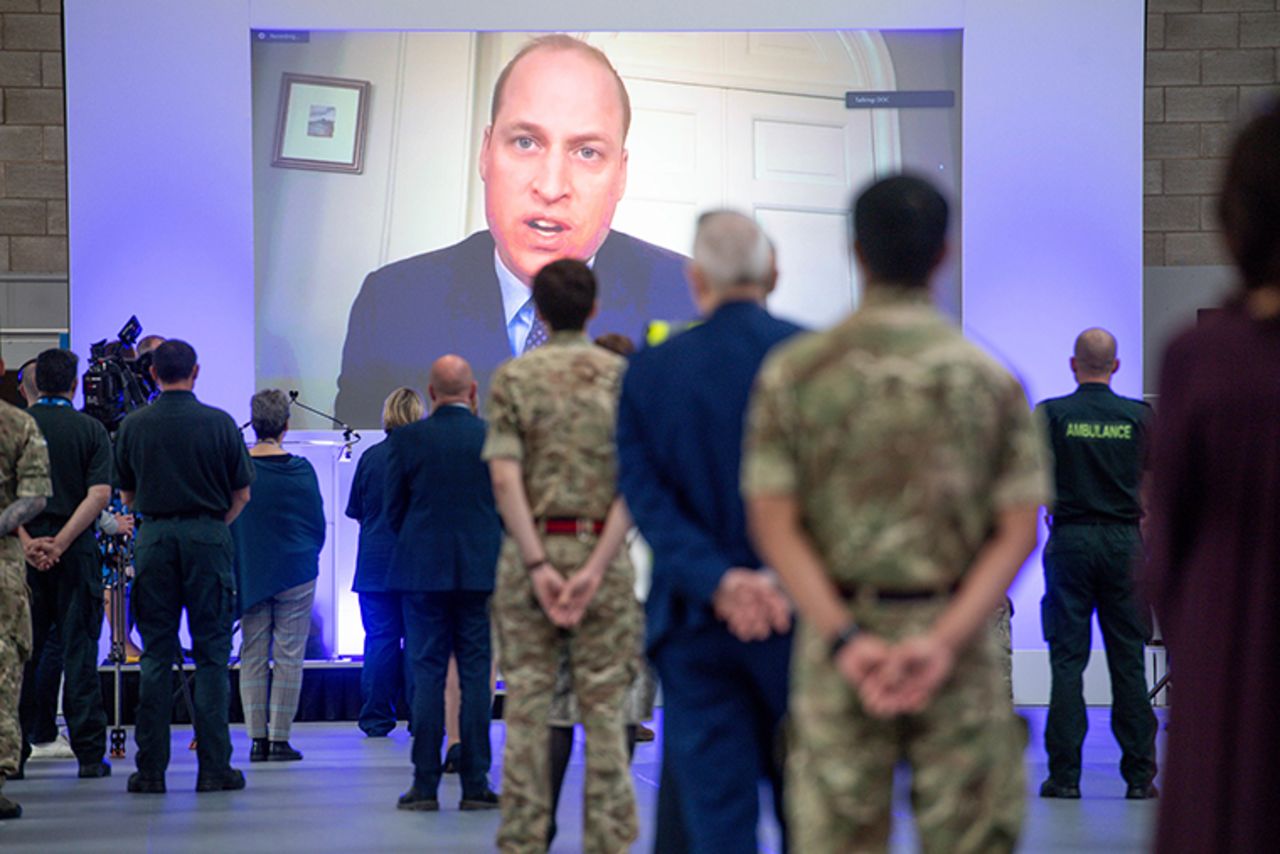 Britain's Prince William speaks via videolink as he officially opens the NHS Nightingale Hospital Birmingham, in the National Exhibition Centre (NEC), England, Thursday, April 16. T