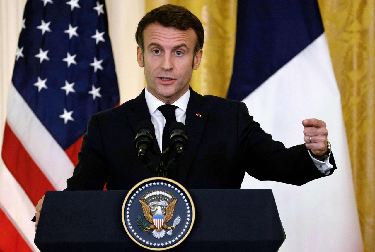 French President Emmanuel Macron speaks during a press conference at the White House on Thursday. 