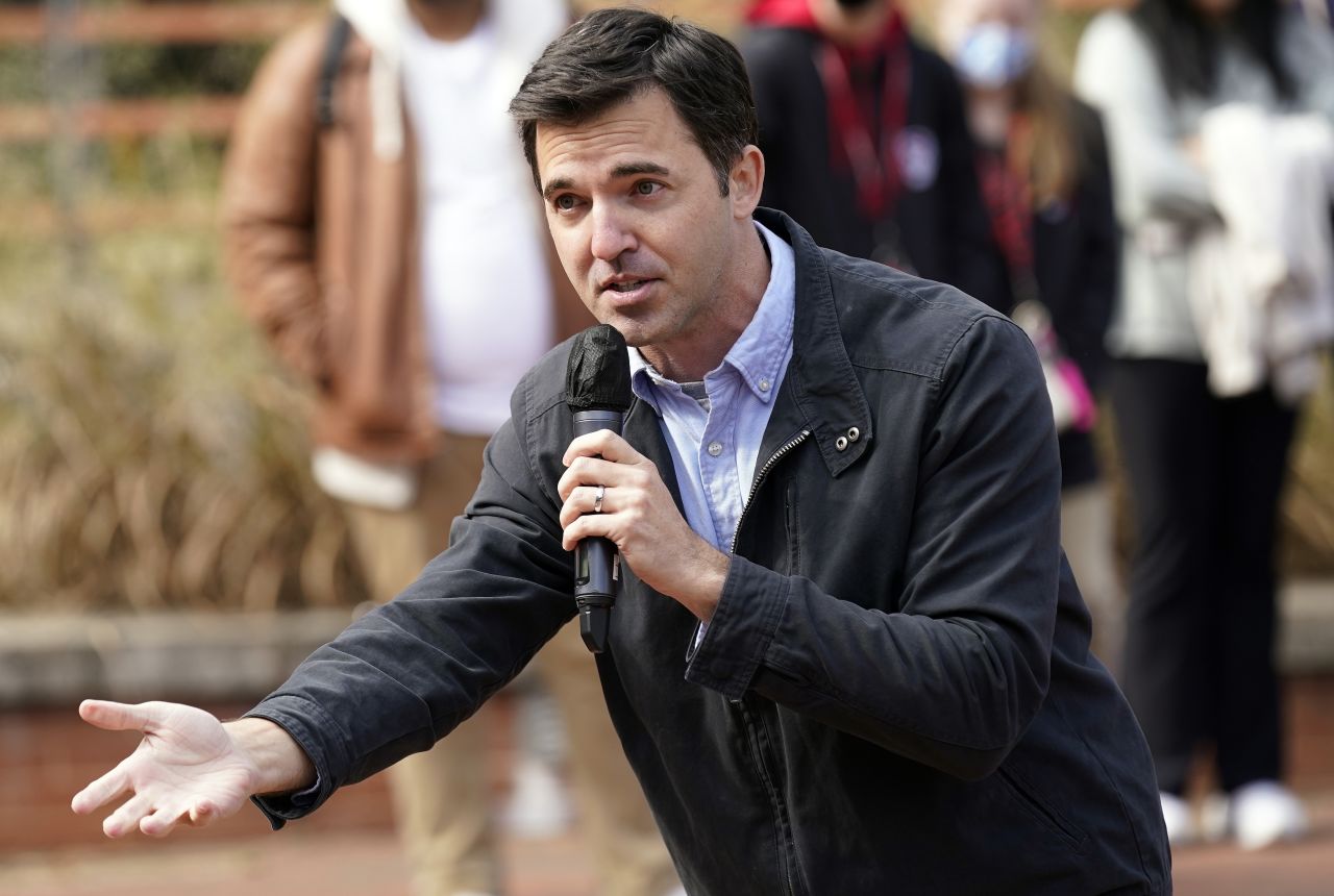  Jeff Jackson speaks to students while campaigning at North Carolina State University in Raleigh, North Carolina, in 2021.