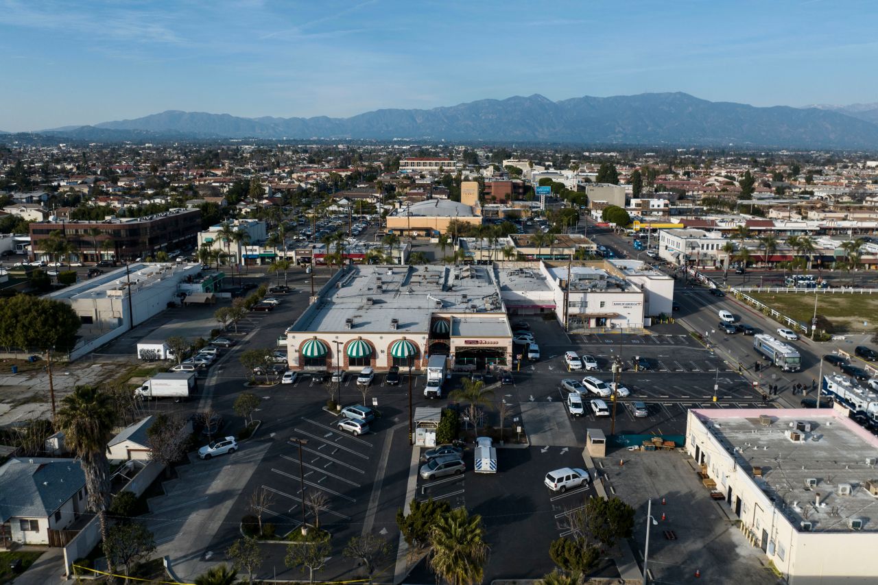 This image taken with a drone shows Star Ballroom Dance Studio after the mass shooting in Monterey Park, California on Sunday.