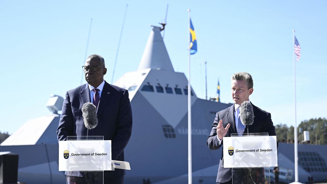 US Defense Secretary Lloyd Austin, left, and Swedish Defence Minister Pal Jonson address a press conference after a bilateral meeting at the Musko Naval Base, south of Stockholm, Sweden, on April 19. 