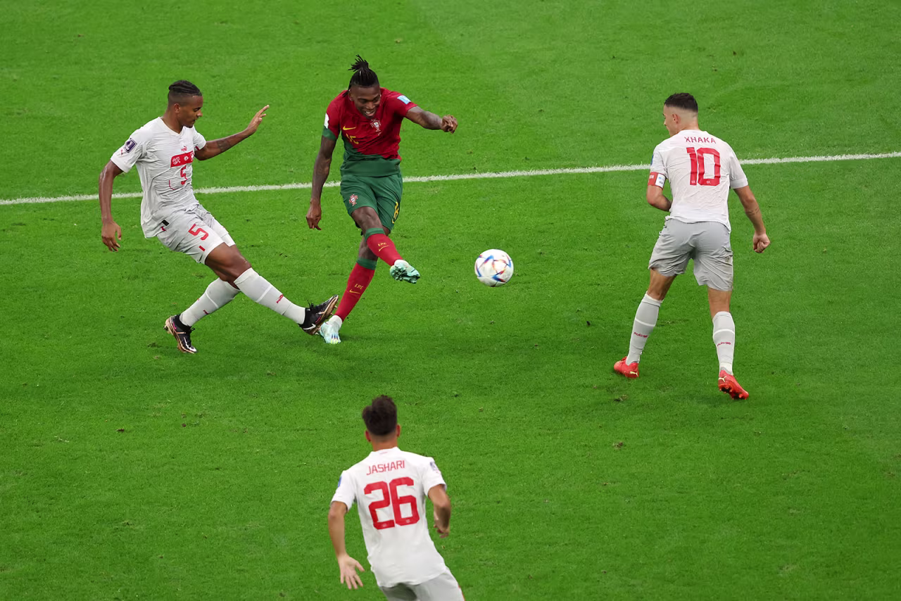 Rafael Leão scores Portugal’s sixth goal.