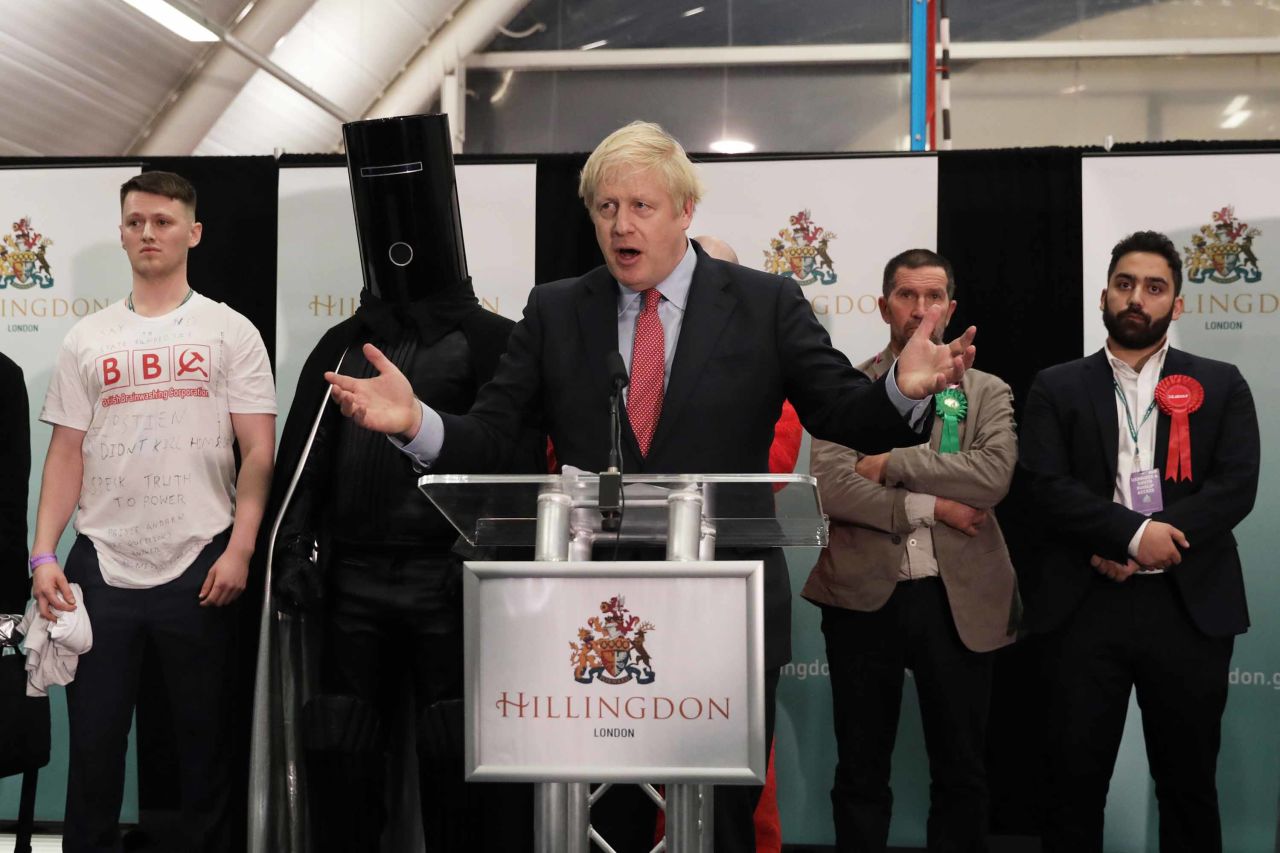 Prime Minister Boris Johnson speaks at the vote declaration for his Uxbridge and South Ruislip constituency on Friday. Photo: Dan Kitwood/Getty Images