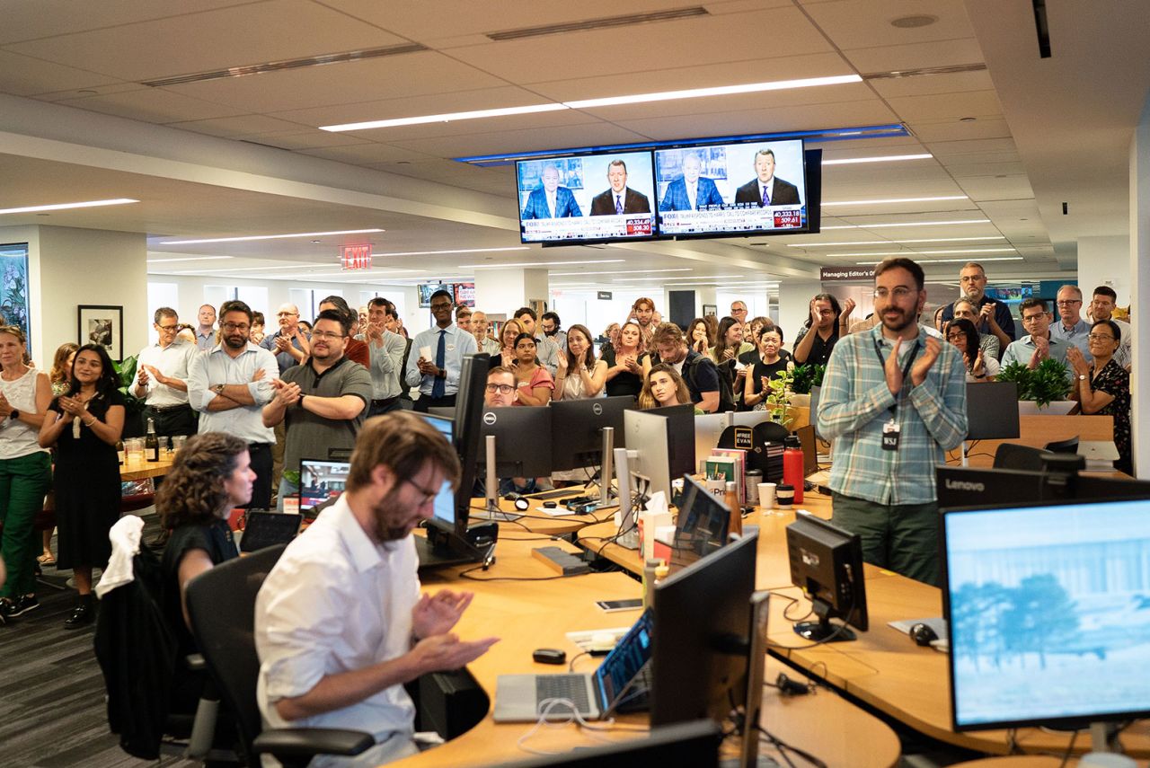 The Wall Street Journal editors and reporters listen to Emma Tucker announce Evan Gershkovich’s release. 