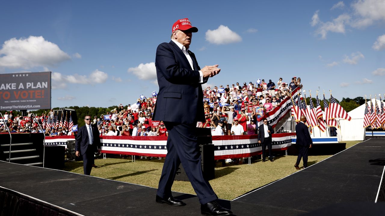 Former President Donald Trump walks after giving remarks at a rally in Chesapeake, Virginia, on June 28.