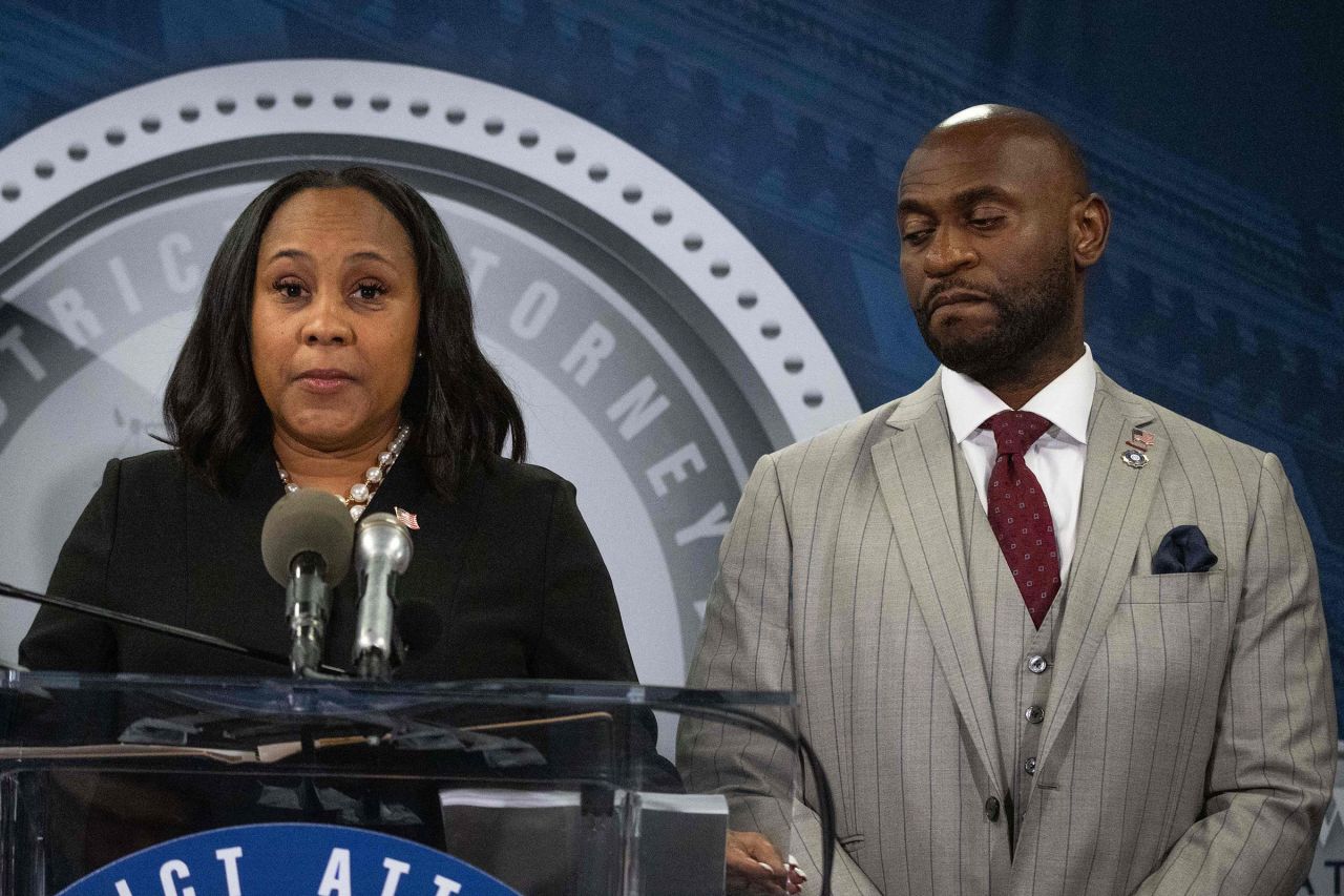 Fulton County District Attorney Fani Willis holds a press conference in the Fulton County Government Center after a grand jury voted to indict former US President Donald Trump and 18 others on August 14, 2023, in Atlanta.?