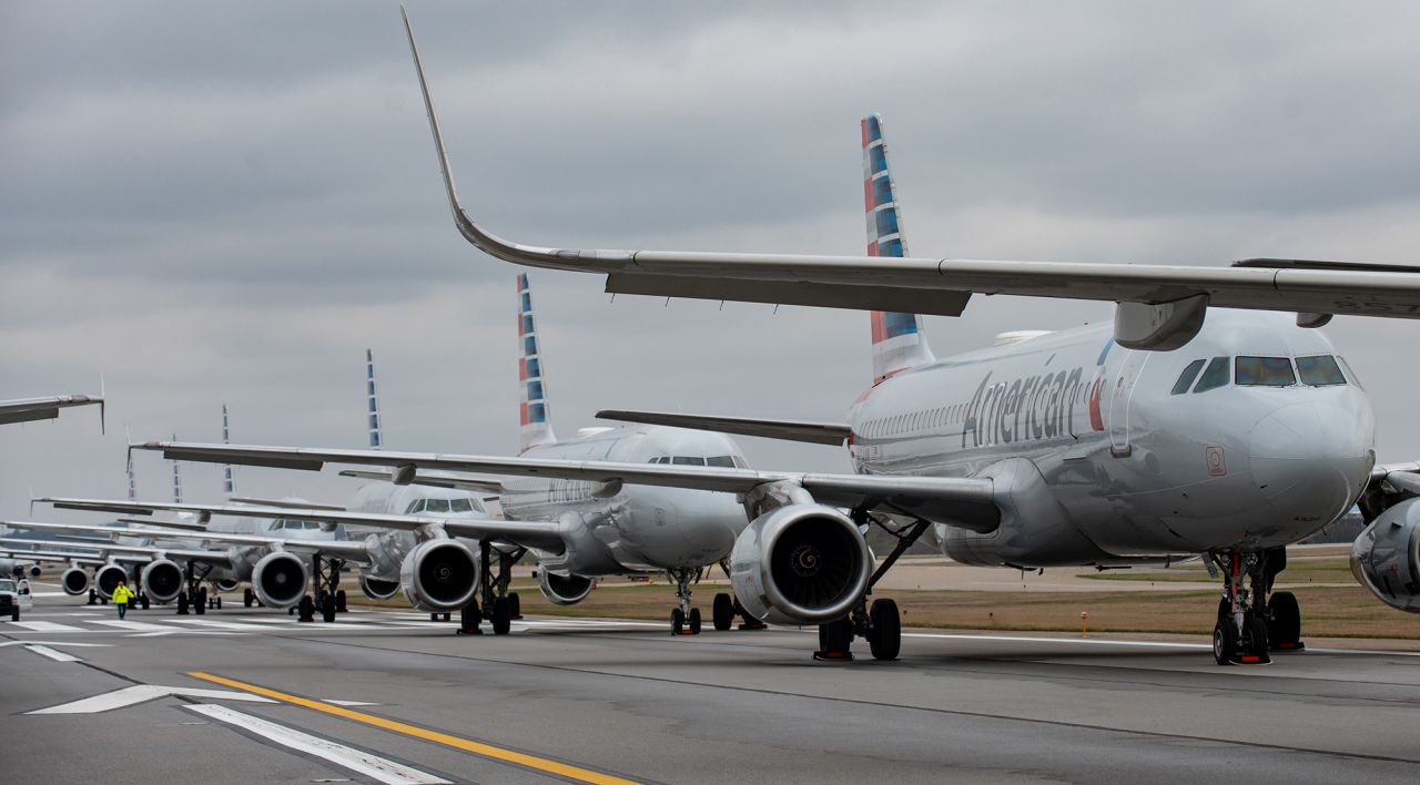 Jets are parked on runway 28 at the Pittsburgh International Airport on March 27, in Pittsburgh, Pennsylvania.