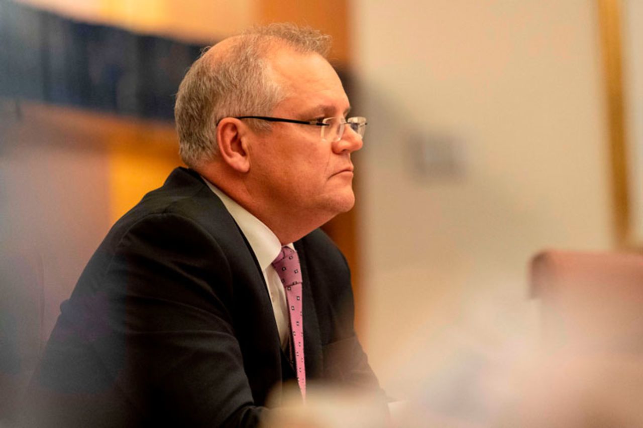 Australian Prime Minister Scott Morrison attends a videoconference with G20 leaders to discuss the coronavirus at the Parliament House in Canberra, Australia, on March 26.