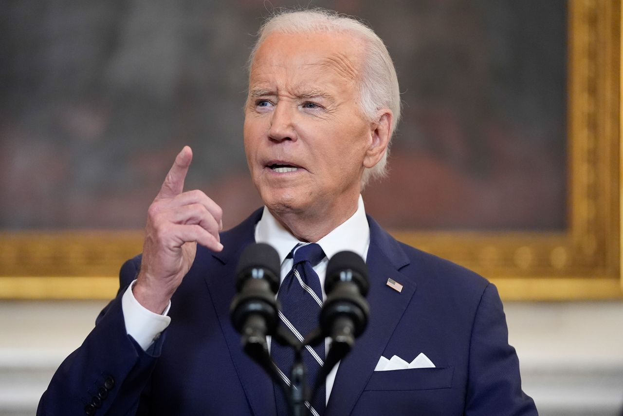 US President Joe Biden delivers remarks on a prisoner swap with Russia from the State Dining Room of the White House on Thursday.