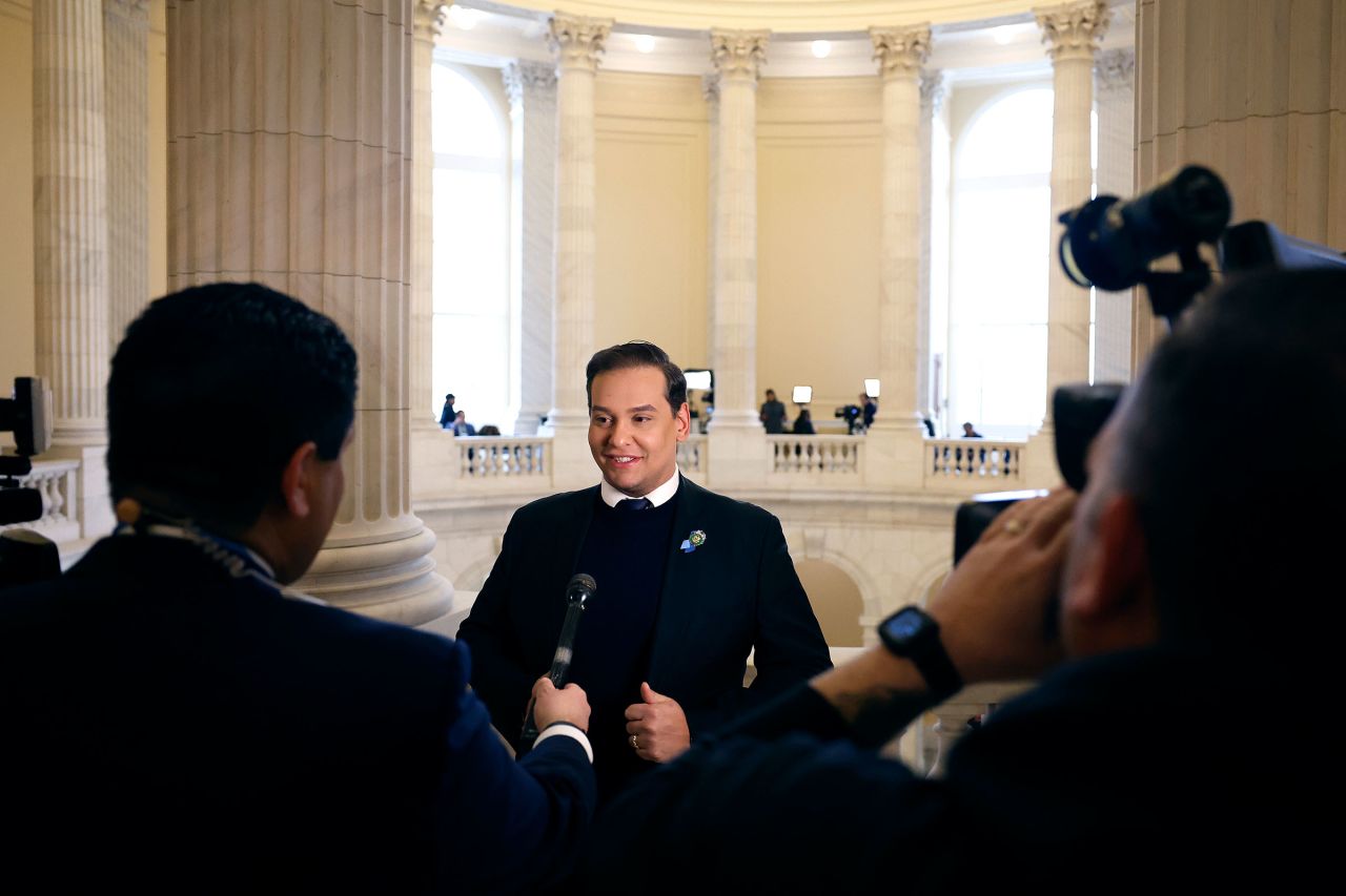 Rep. George Santos is interviewed by FOX News in the rotunda of the Cannon House Office Building before a vote to expel him from the House of Representatives on December 1, in Washington, DC.