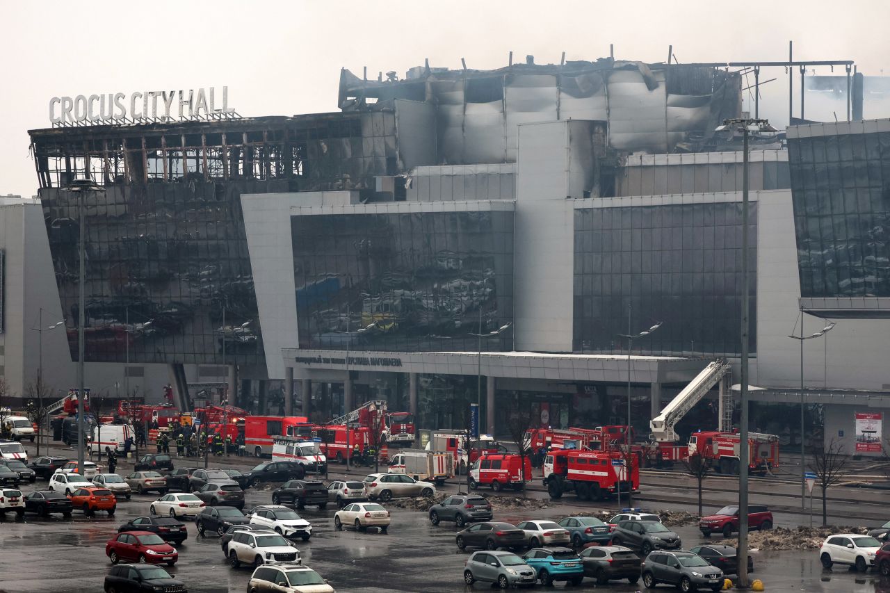 Members of emergency services work at the scene of the gun attack at the Crocus City Hall concert hall in Krasnogorsk, outside Moscow, on March 23.