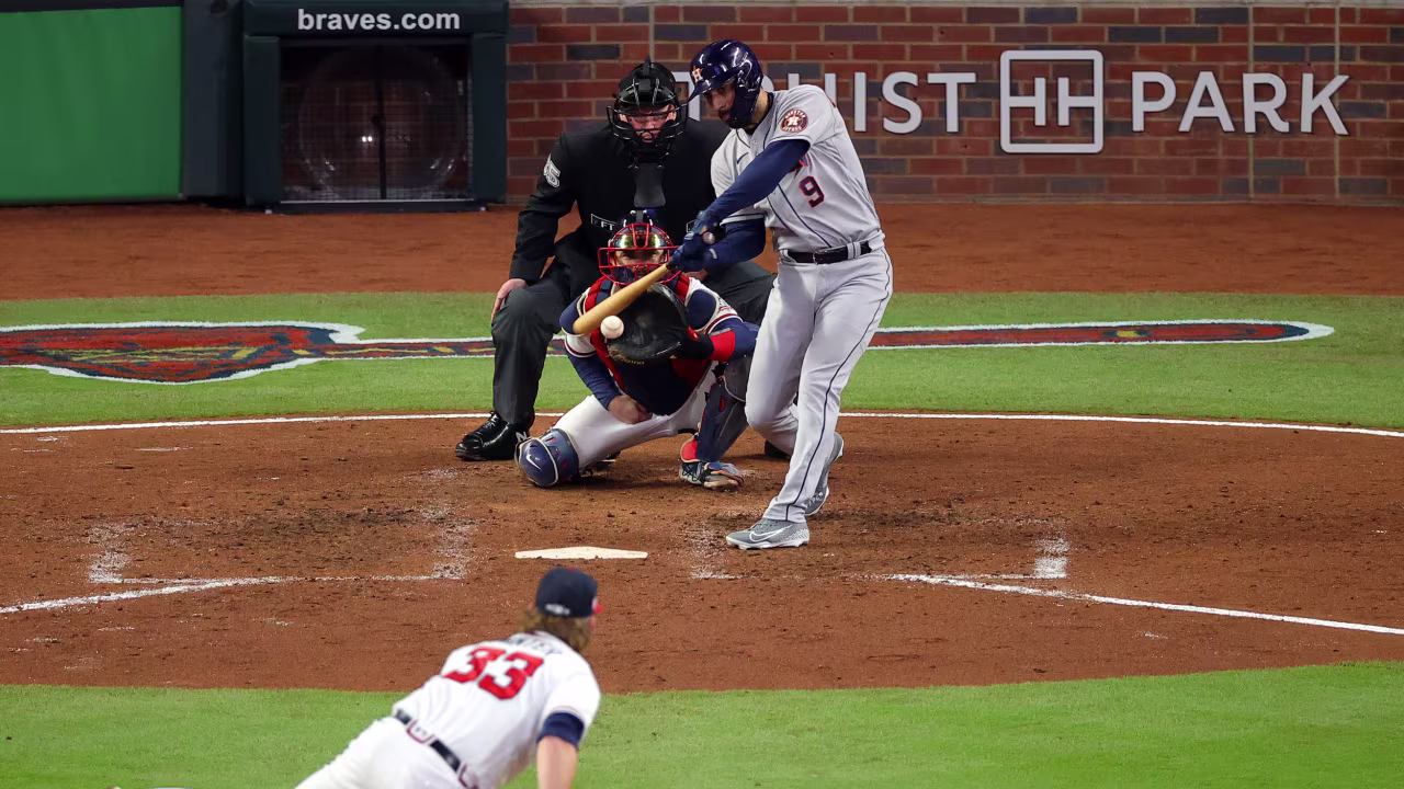 Marwin Gonzalez of the Astros hits a two-RBI single during the fifth inning.