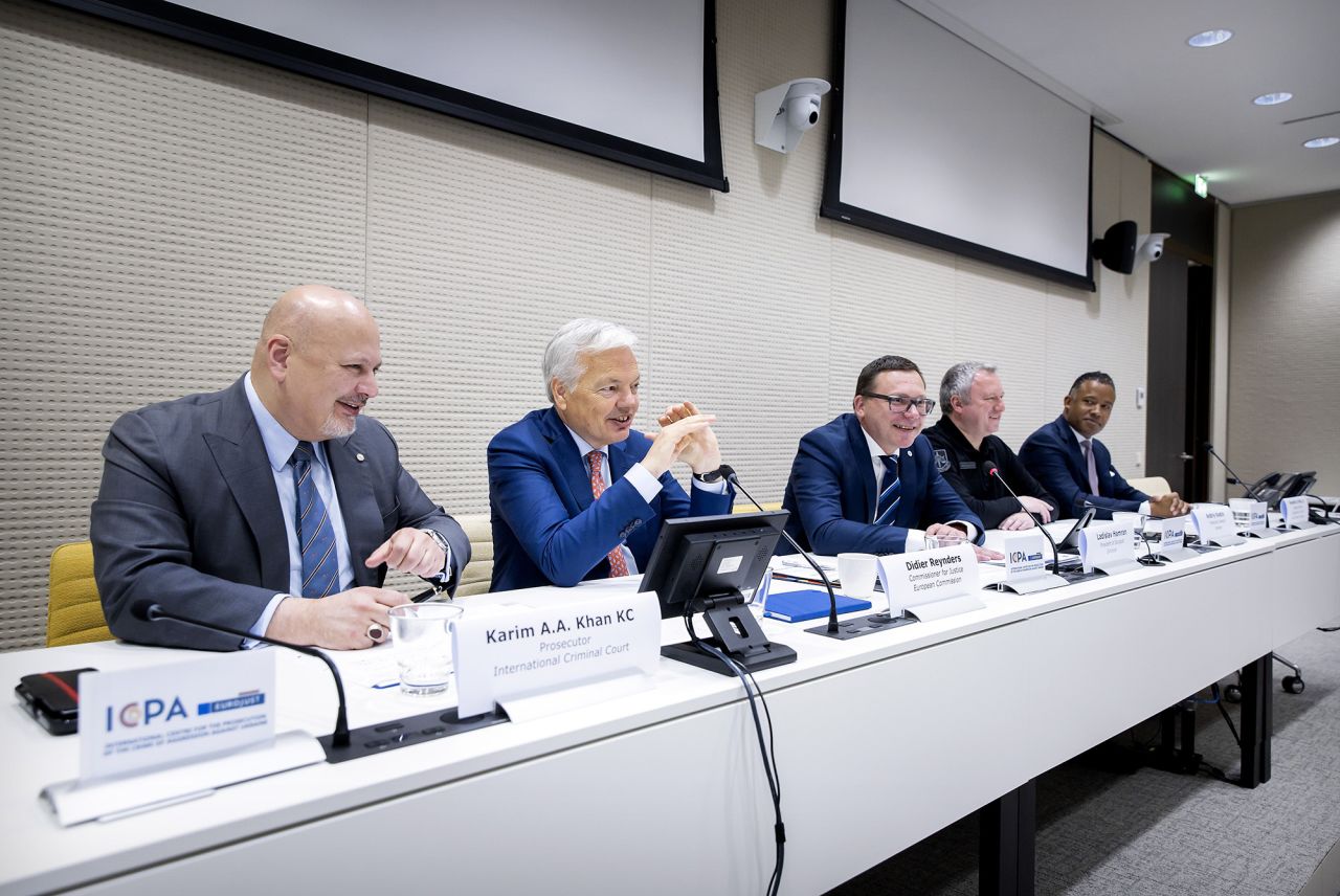 Left to right, Prosecutor of the International Criminal Court Karim AA Khan KC, European Commissioner for Justice Didier Reynders, President of Eurojust Ladislav Hamran, Prosecutor General of Ukraine Andriy Kostin and Assistant US Attorney General Kenneth A. Polite Jr. address a press conference in The Hague on July 3, on the announcement of The International Centre for the Prosecution of the Crime of Aggression Against Ukraine (ICPA), which will collect evidence of Russian crimes against Ukraine and prepare charges.