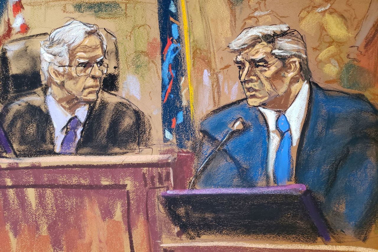 Former President Donald Trump is questioned by Judge Arthur F. Engoron before being fined $10,000 for violating a gag order for a second time, during the Trump Organization civil fraud trial in New York State Supreme Court in the Manhattan borough of New York City, on October 25.