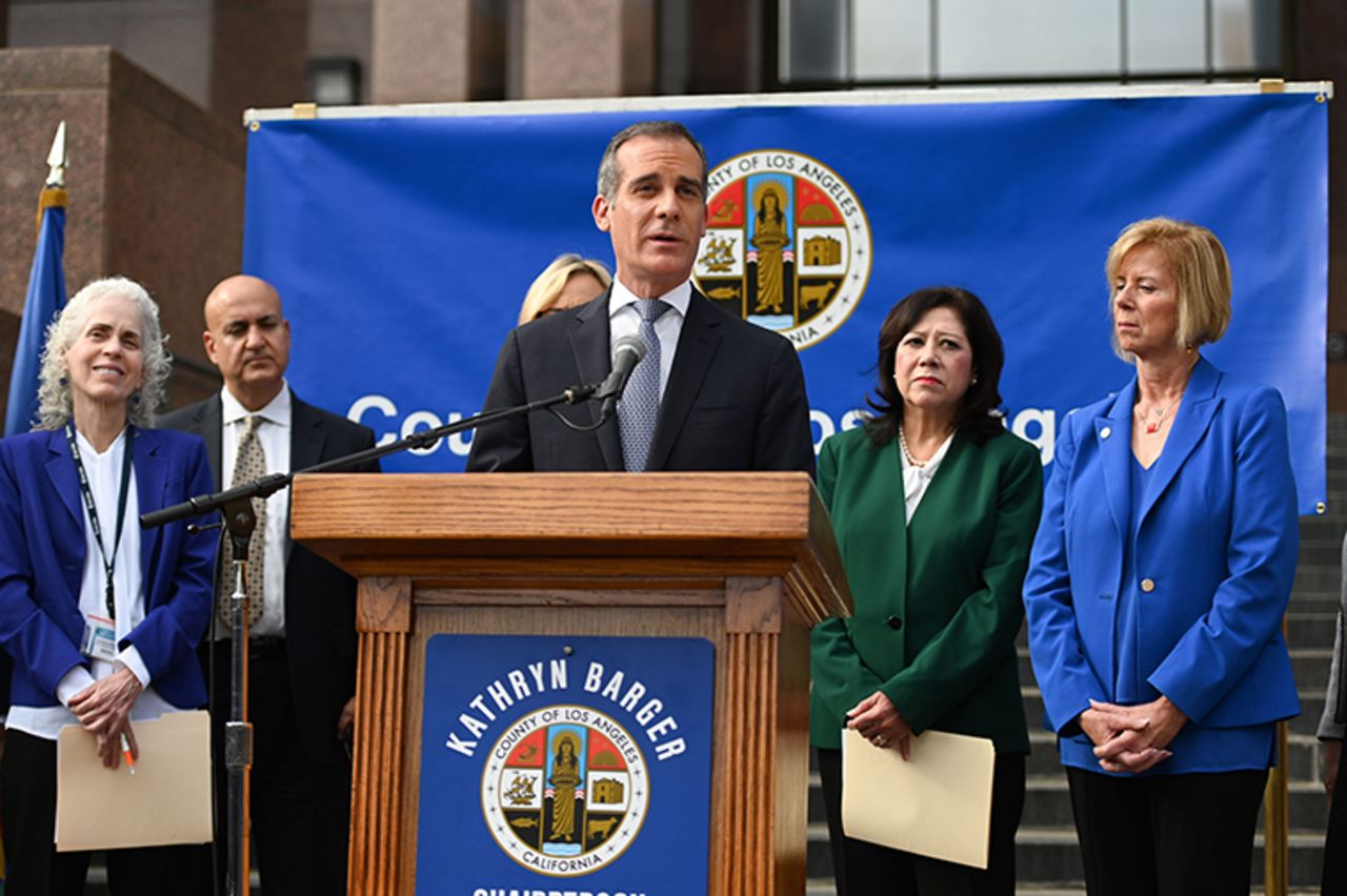 Los Angeles Mayor Eric Garcetti speaks during a Los Angeles County Health Department press conference on the novel coronavirus, on Wednesday, March 4, in Los Angeles,?