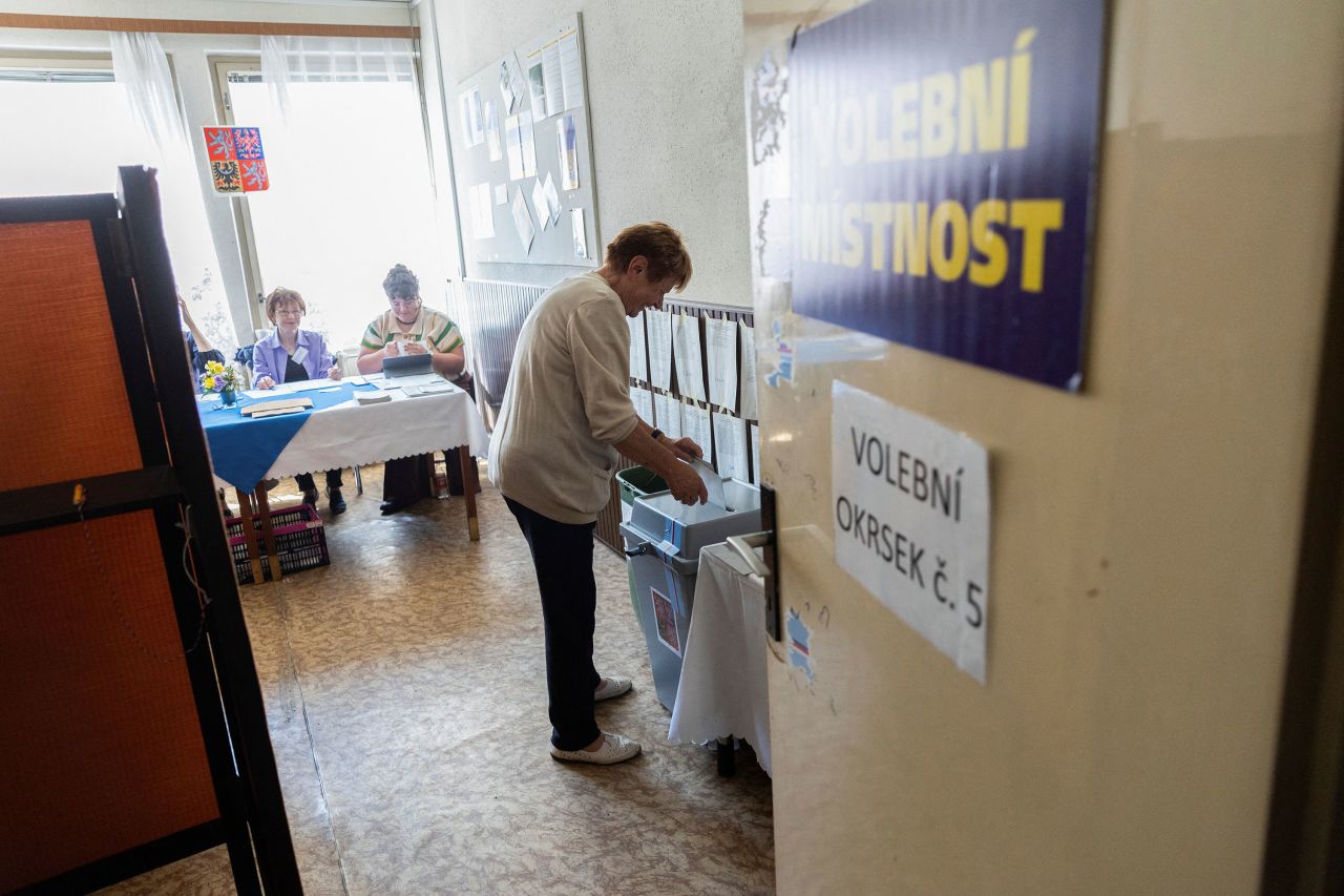 A woman votes at a polling station during the European parliamentary elections in Studena, Czech Republic, on June 7. 