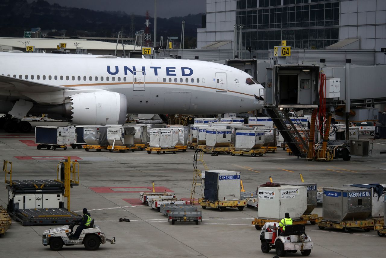 A United Airlines plane sits parked at a gate at San Francisco International Airport on March 6 in California.