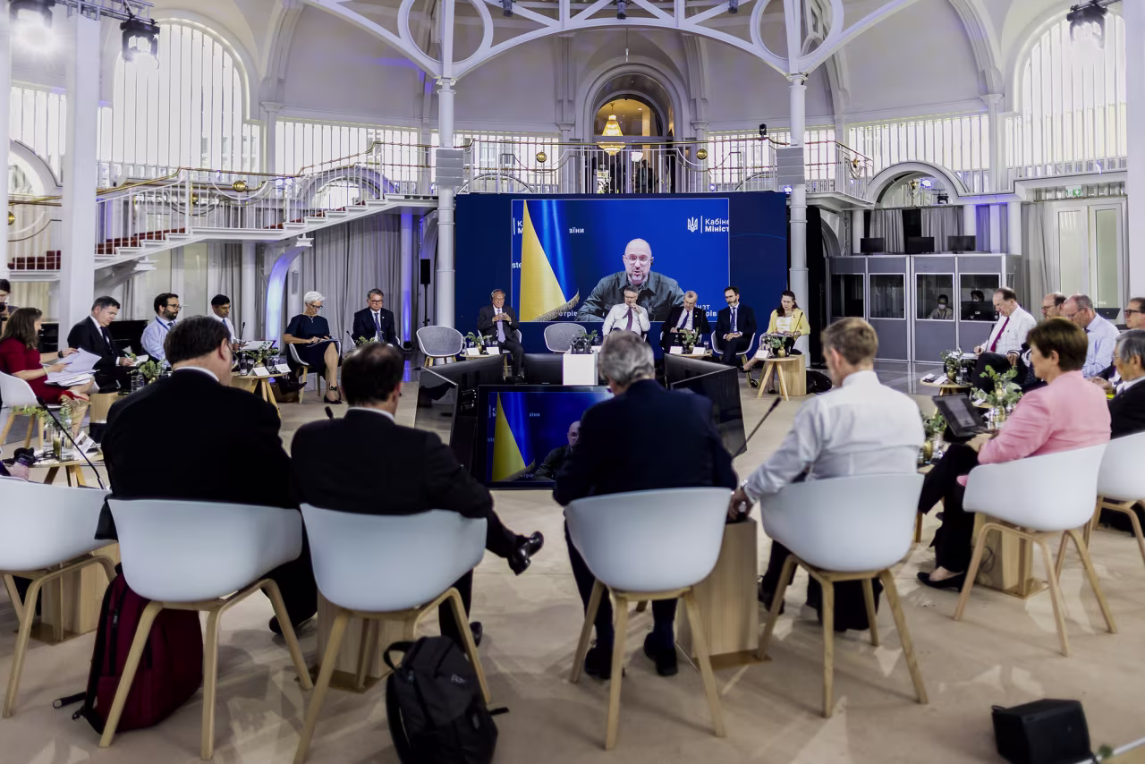 Denys Shmyhal, Prime Minister of Ukraine, speaks virtually at the meeting of G7 Finance Ministers in Koenigswinter, Germany, on May 19.