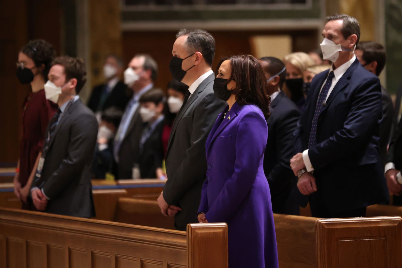 Vice President-elect Kamala Harris and her husband Doug Emhoff attend mass at the Cathedral of St. Matthew the Apostle in Washington, DC, with congressional leaders on January 20.