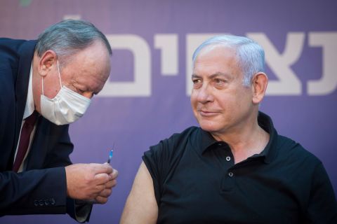 Israeli Prime Minister Minister Benjamin Netanyahu is ready to receive the second Covid-19 vaccine at Sheba Medical Center in Ramat Gan, Israel, on January 9.