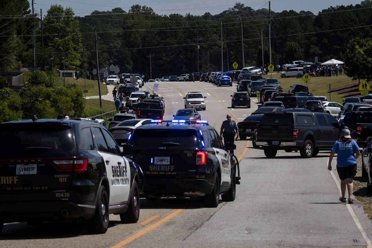 Law enforcement and first responders control traffic after a shooting took place at Apalachee High School in Winder, Georgia, on September 4.