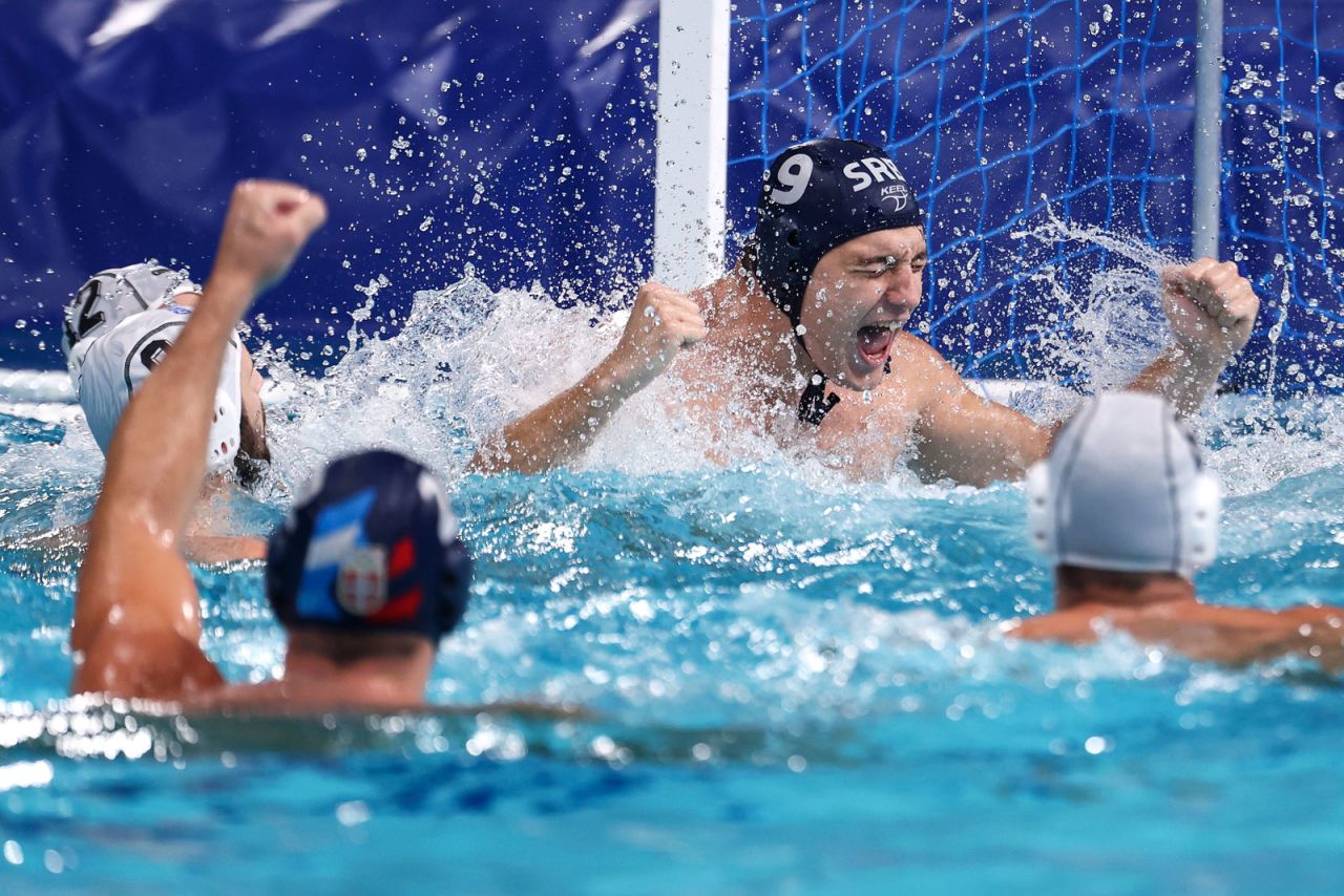 Nikola Jaksic celebrates during the water polo final between Greece and Serbia on Sunday.