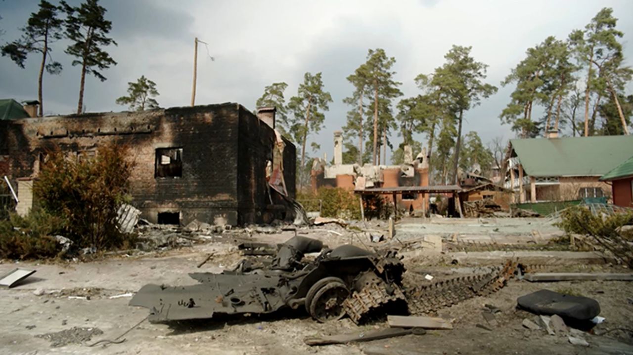 A screengrab from the video shows the extent of the destruction in Irpin on the northwestern outskirts of Kyiv.