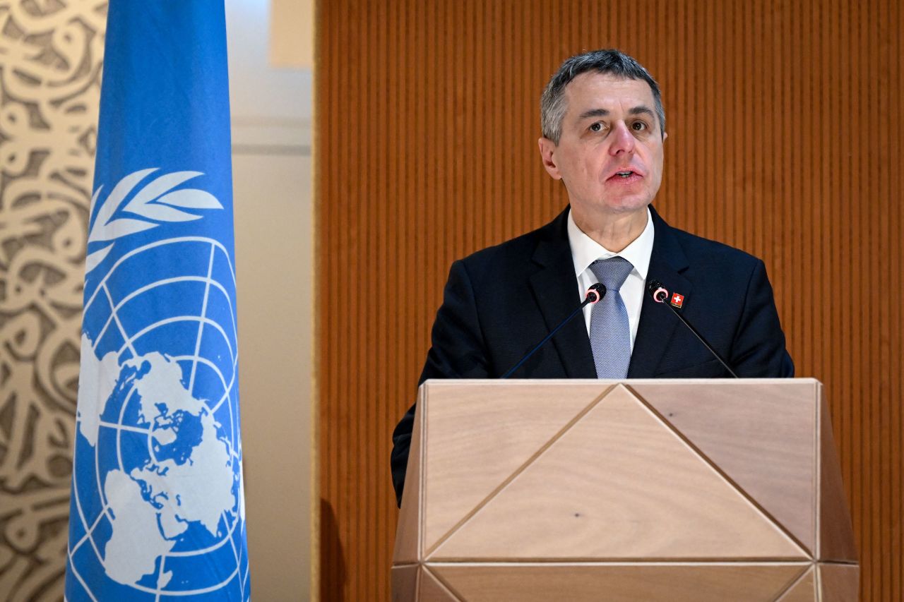 Swiss President Ignazio Cassis delivers a speech at the opening of a session of the UN Human Rights Council on February 28, in Geneva, Switzerland.