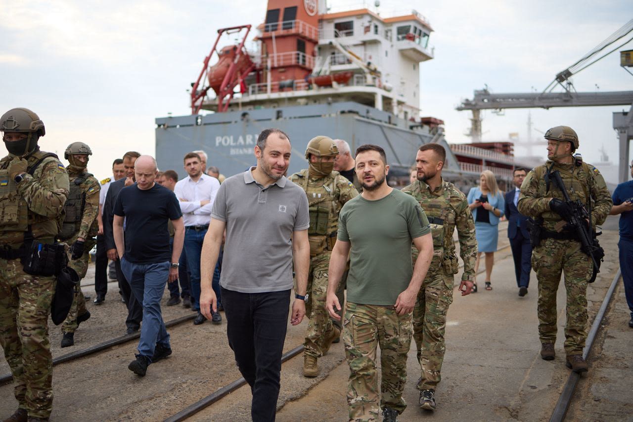 Ukrainian President Volodymyr Zelensky, center right, visits the port of Odesa in Odesa, Ukraine on July 29.