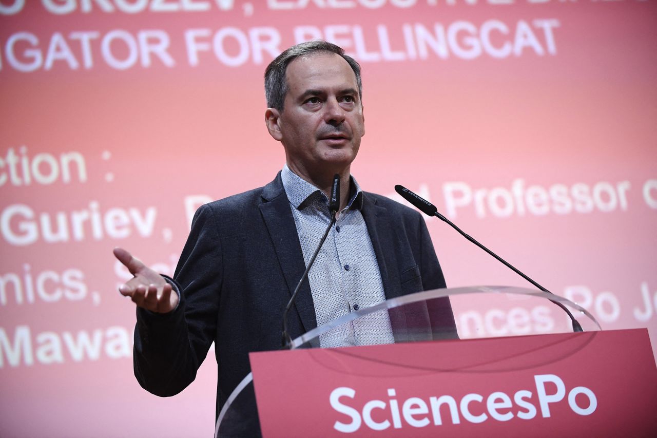 Bulgarian investigative journalist Christo Grozev gives a speech during a conference at the Institute of Political Studies in Paris, France, on September 5.