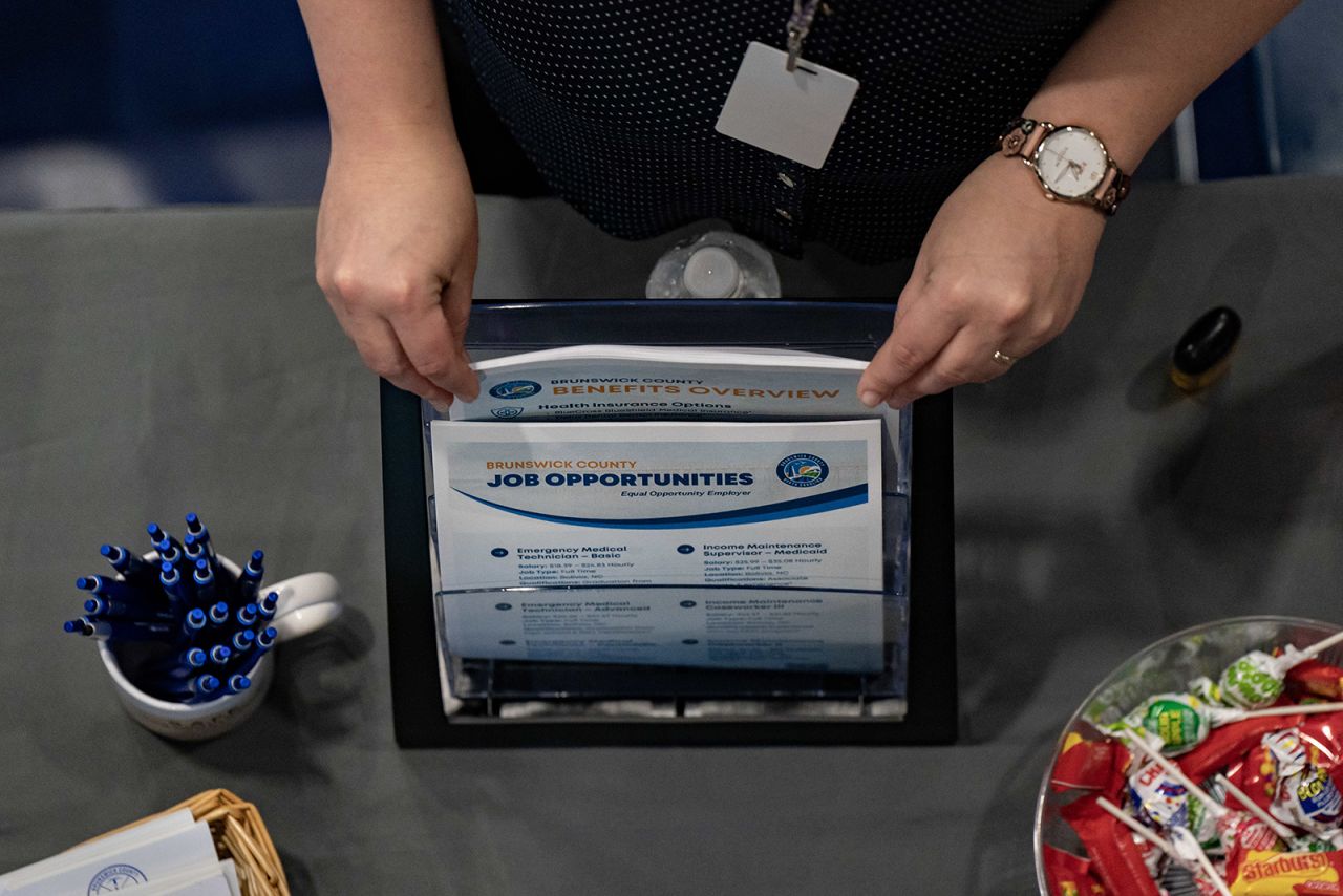 Pamphlets at a career fair at a community college in Bolivia, North Carolina, on April 20.