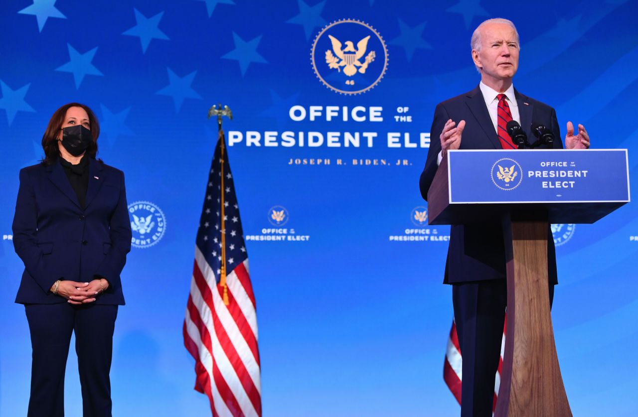 President-elect Joe Biden, flanked by Vice President-elect Kamala Harris, delivers remarks in Wilmington, Delaware, on January 15.